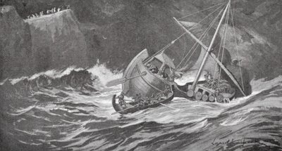 Le navire de bois a été pris dans une tempête et les moines sont allés à son secours dans de petits bateaux - Lancelot Speed