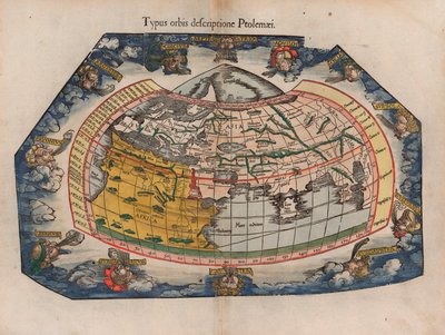 Carte du monde selon Ptolémée (Typus Orbis Descriptione Ptolemaei) par Laurent Fries de la réimpression de 1541 des cartes de 1522 pour la Géographie de Ptolémée par Gaspar Trechsel - Laurent Fries