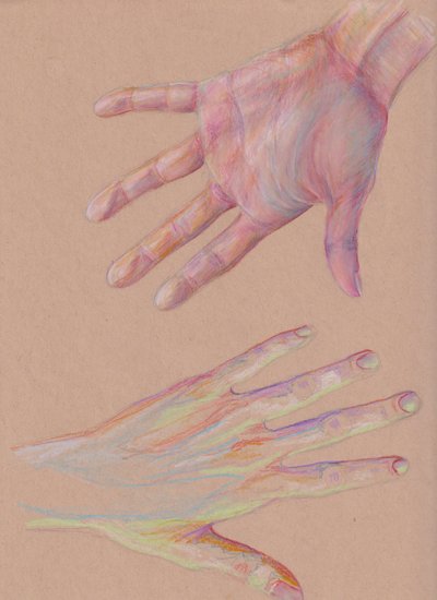 Hands #2, 2025 (crayon de couleur sur papier teinté) - Laurie Michaels