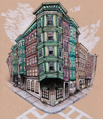 North End, c.2019 (crayon de couleur et encre sur papier d