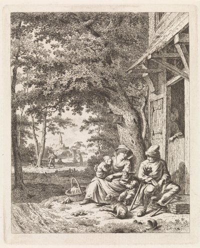 Famille avec chien, assis devant une maison - Leendert Overbeek