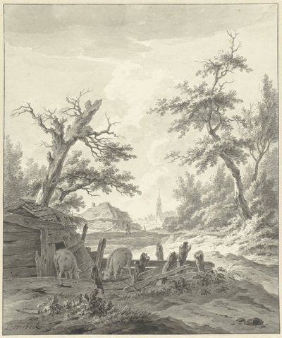 Paysage avec une porcherie au premier plan - Leendert Overbeek