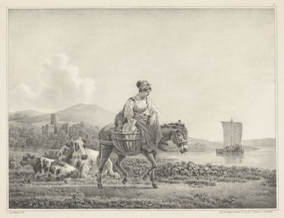 Femme sur un âne dans un paysage (série de six dessins de L. de Koningh) - Leendert de Koningh