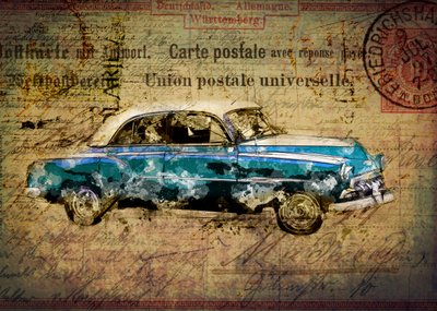 Carte postale rétro représentant une voiture bleue - Lembayung senja studio [Vintage Poster]
