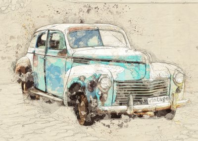 Voiture vintage bleue au style rustique - Lembayung senja studio [Vintage Poster]