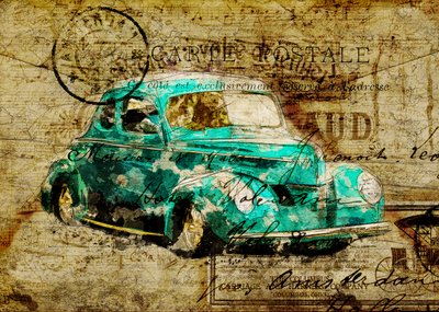 Carte postale vintage représentant une voiture bleu sarcelle - Lembayung senja studio [Vintage Poster]