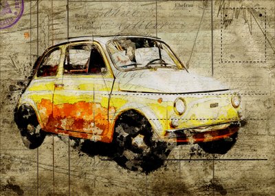 Fiat 500 jaune vintage - Lembayung senja studio [Vintage Poster]