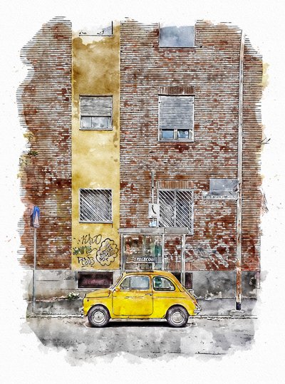 Voiture de ville classique jaune - Lembayung senja studio [Vintage Poster]