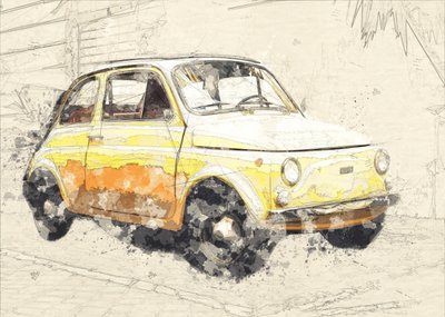vieille voiture jaune - Lembayung senja studio [Vintage Poster]