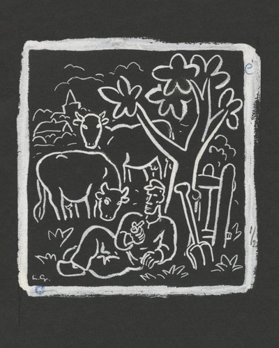 Paysan se reposant sous un arbre dans un pré parsemé de vaches (1891–1941) - Leo Gestel