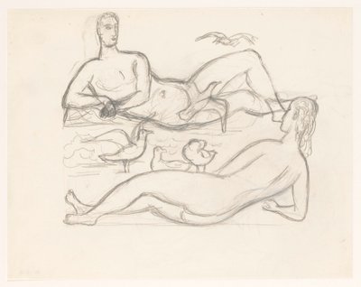 Homme et femme nus sur le rivage, entourés de mouettes - Leo Gestel