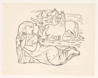 Femme allongée sur la plage avec deux chevaux et quelques mouettes - Leo Gestel
