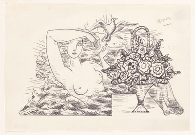 Nu féminin dans les vagues libérant un oiseau, au premier plan un panier de fleurs - Leo Gestel