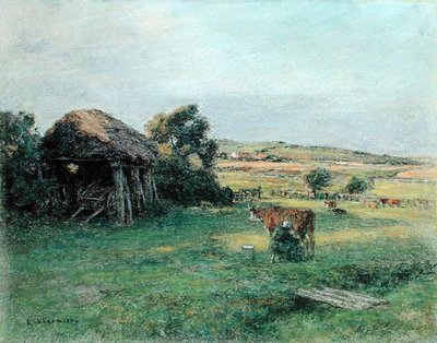 Paysage avec une paysanne trayant une vache - Leon Augustin Lhermitte