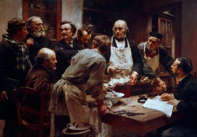 Le cours de dissection du docteur Claude Bernard (1813-1878) (avec le tablier) en présence de ses élèves Paul Bert (1833-1886) et Arsène d