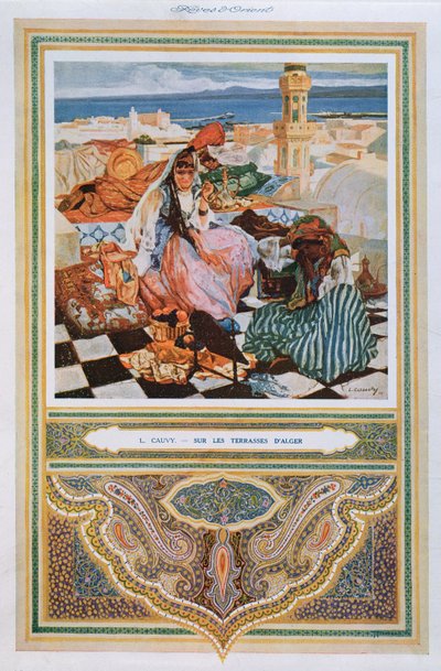 Femme fumant une chicha (pipe à eau) sur une terrasse à Alger, vers 1900 - Leon Cauvy