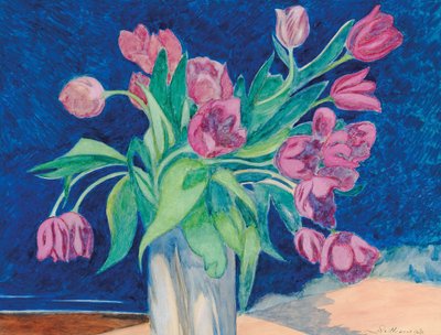 Tulipes roses dans un vase, en arrière-plan un paysage marin avec des dunes, 1935 - Leon Spilliaert