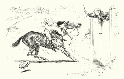 Un homme est allé chasser à Reigate, et a voulu sauter par-dessus une haute porte (gravure) - Leonard Leslie Brooke