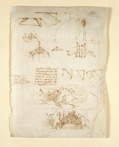 Arundel 263, f.224 Notes et diagrammes; croquis de montagnes et d