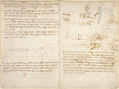 Cinq méthodes de préparation de différents types de colle et le processus de recuit du fer, accompagnés de croquis grossiers (non de la main de Léonard) du 