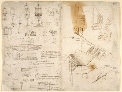 Arundel 263, f.283v, f.282 Croquis de lampes articulées; notes sur la mécanique; calculs mathématiques; croquis géométriques - Leonardo da Vinci