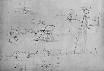 Chariots armés de faux et fléaux et cavalier avec trois lances, vers 1480, 1945 - Leonardo da Vinci