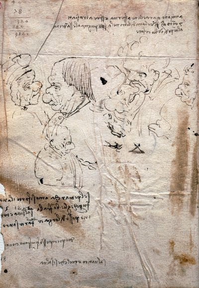 Caricatures masculines et liste de bibliothèque, Codex Trivulzianus - Leonardo da Vinci