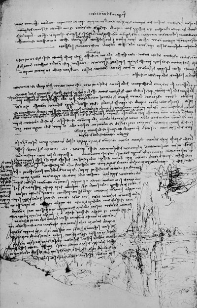 Page de texte avec croquis de paysage, vers 1480, 1945 - Leonardo da Vinci