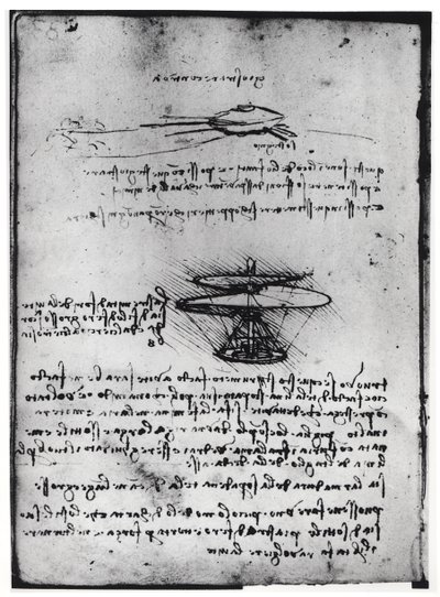 Manuscrit de Paris B, fol. 83v : Page de texte et croquis pour une machine volante, 1488-90 - Leonardo da Vinci