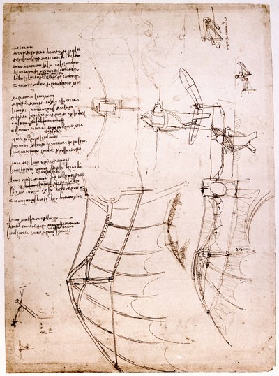 Étude sur les ailes. Codex Atlanticus. Dessin de Léonard de Vinci vers 1499. - Leonardo da Vinci