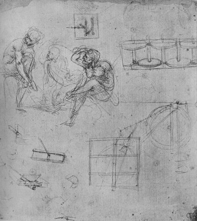 Trois figures assises et études de machines, 1480-1481, 1945 - Leonardo da Vinci