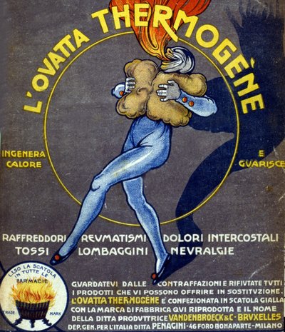 Publicité pour la laine de coton thermogène soignant les rhumes, douleurs internes, rhumatismes, toux, névralgies et lumbagos - Leonetto Cappiello