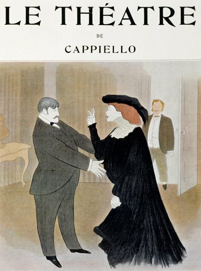 Les acteurs Lucien Guitry (1860-1925) et Jane Harding dans une scène de La Châtelaine, jouée au Théâtre de la Renaissance à Paris - page de titre du journal Théâtre, avril 1903, Paris - Leonetto Cappiello