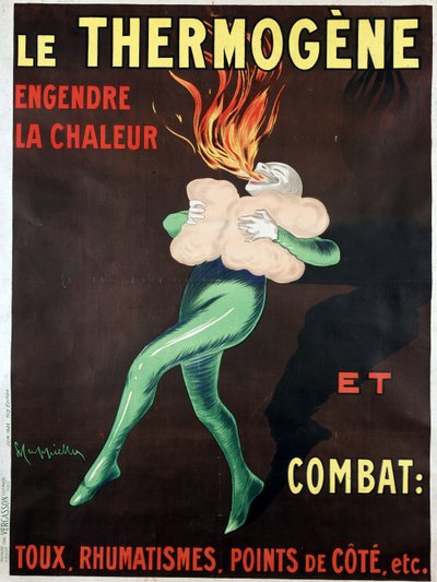 Le thermogène génère de la chaleur et combat la toux, le rhumatisme, les points de côté, etc.: affiche de Leonetto Cappiello (1875-1942) - Leonetto Cappiello