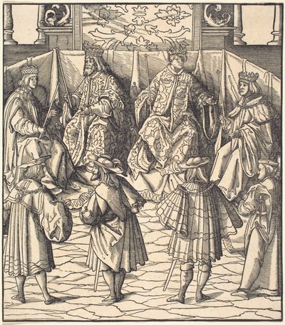 Assemblée de Quatre Rois, au premier plan Quatre Hommes - Leonhard Beck