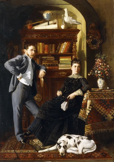 Un couple dans un intérieur avec un chien - Leopold Bara