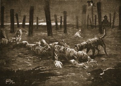 Le sergent Burge feignant la mort en étant découvert par un chien devant les barbelés ennemis - Leslie Mosley