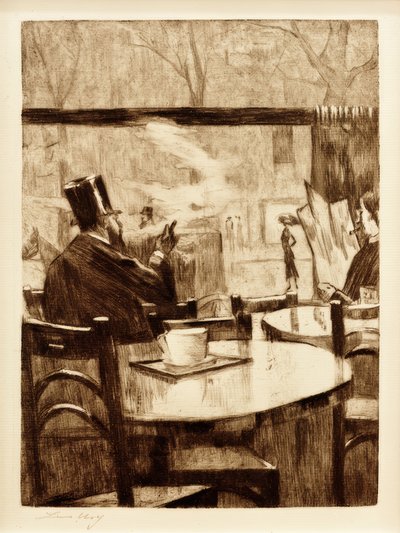 Homme avec chapeau haut de forme devant une fenêtre de café - Vue de dos - Lesser Ury