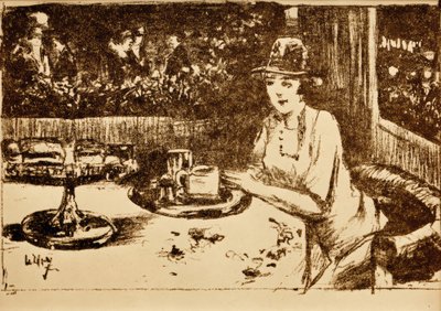 Au café. Dame à la table sur la véranda - Lesser Ury