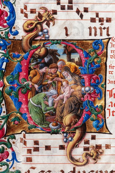 Bibliothèque Piccolomini : livre de chœur, cod. 19.4, ff. 9v avec "Adoration des Mages" (détail) - Liberale da Verona
