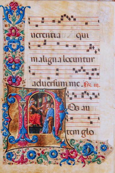 Bibliothèque Piccolomini : livre de chœur, cod. 22.7, ff. 22v avec « Christ devant Pilate » - Liberale da Verona