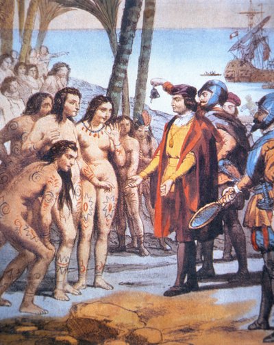 Christophe Colomb débarque dans le Nouveau Monde en 1492 et est accueilli par les Indiens Taïnos (lithographie en couleur) - Unbekannt Unbekannt