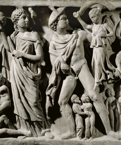 Sarcophage en marbre, Relief représentant le mythe de Prométhée, Détail, Hermès et l
