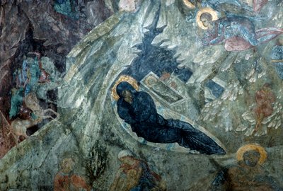 Nativité, fresque dans le monastère de Panagia Perivleptos, ville byzantine de Mystras (Liste du patrimoine mondial de l