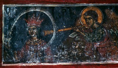 Saint jouant du cor, fresque dans l