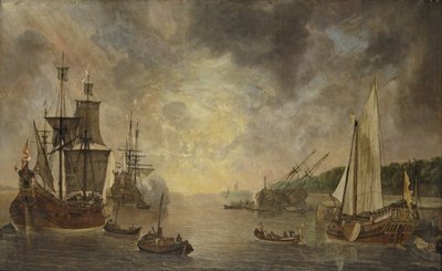 Un port avec une flûte, une frégate tirant une salve, une flûte en carène et un yacht d