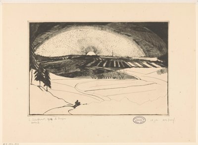 Lever ou coucher de soleil sur un paysage vallonné - Lodewijk Schelfhout (signed by artist)