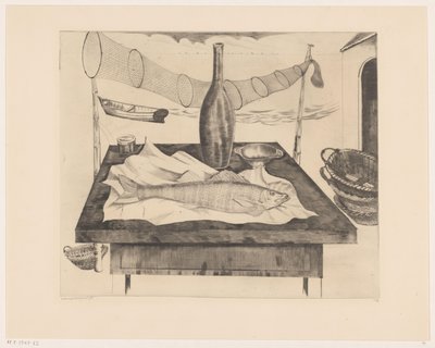 Nature morte avec poisson, bouteille et filet de pêche - Lodewijk Schelfhout (signed by artist)