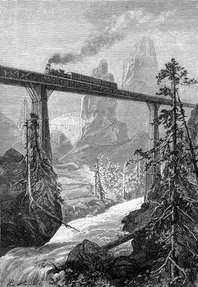 Dessin de Leon Benett, du livre de Jules Verne « Les 500 millions de la Bégum » - édition Hetzel/Voyages Extraordinaires 1879. Train à vapeur passant sur un pont audacieux, dans un paysage de montagne avec torrent - Léon Benett