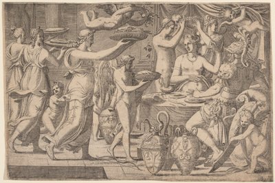 Vénus et Mars servis par Cupidon et les Trois Grâces - Léon Davent, after Luca Penni